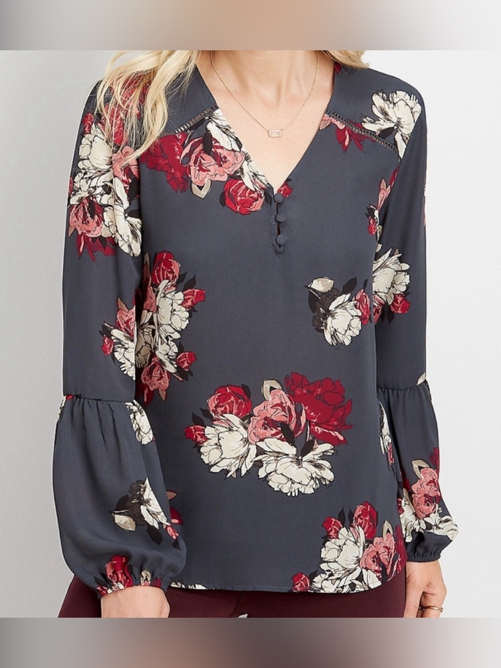 Maurices Charcoal Floral V-Neck Blouse with Red & Cream Blooms